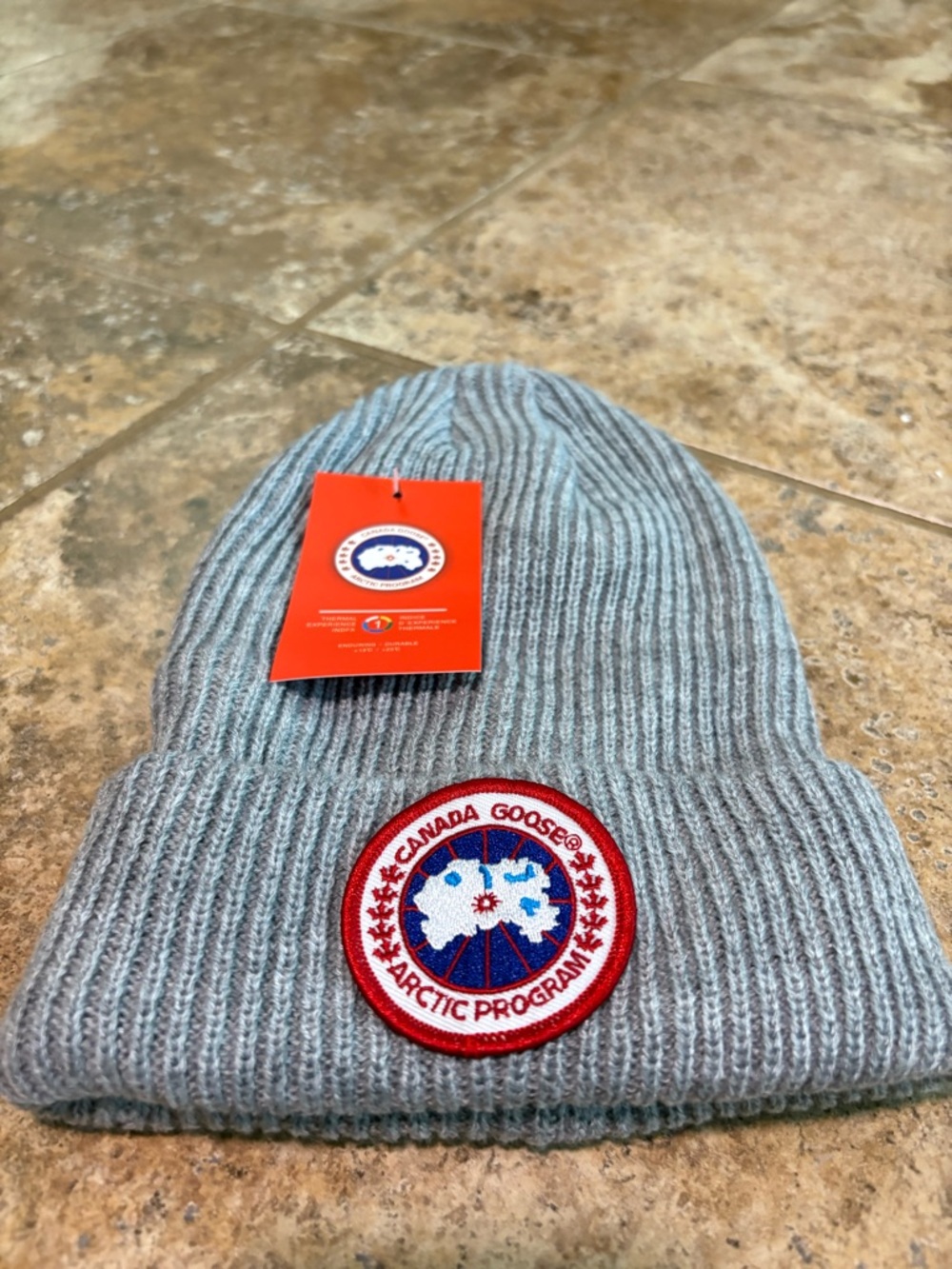 Canada Goose Kids Gray Ribbed Knit Beanie with Arctic Program Patch
